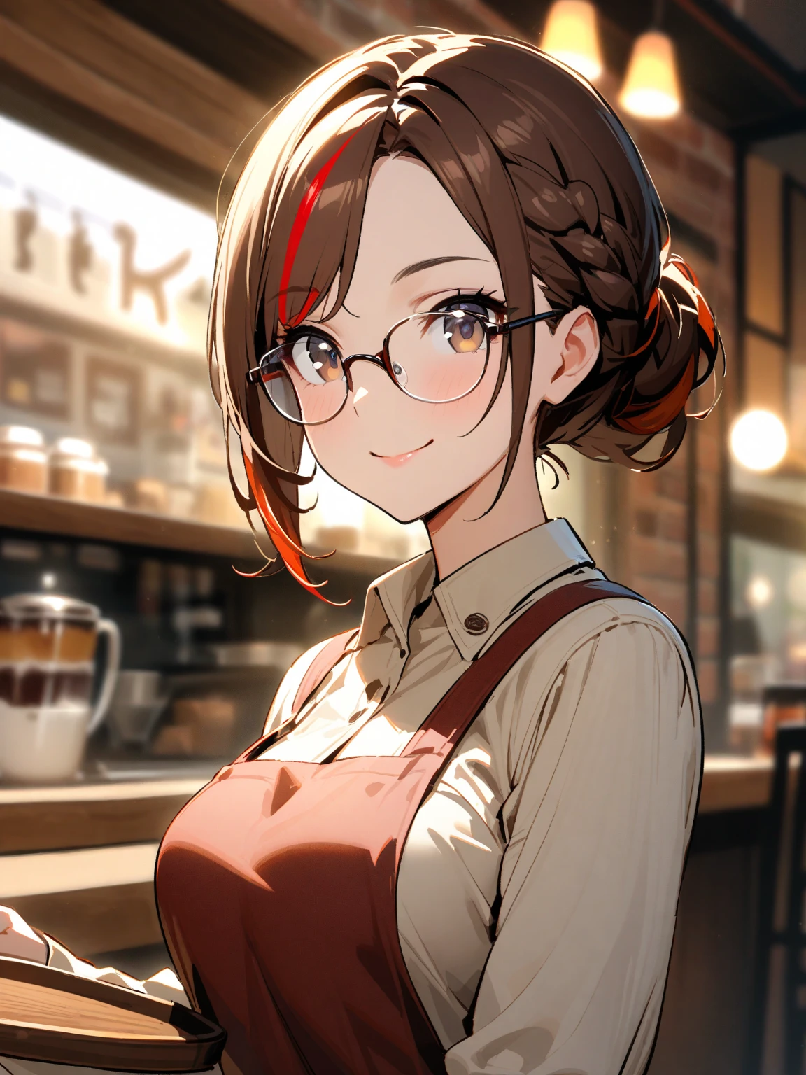 light yellow theme, 1lady, red brown hair, (red streaked hair:1.1), French braid, parted bangs, dark brown eye, rimless glasses, bright white highlights on glasses, light brown blouse, dark red apron, dark brown pants, beautiful breasts, Confident pose, Holding a wooden tray, smile, cafe, (朝日:1.1), upper body, look at viewer, blurry background, lensflare, lensghost, natural lighting, subtle highlights and shadows