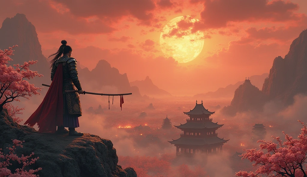 A dramatic scene set during the twilight hours of ancient China. In the center, a lone warrior in ornate Tang or Han dynasty armor stands atop a mountain cliff, overlooking a sprawling battlefield veiled in mist. In one hand, they hold a blood-stained guandao (pole weapon), and in the other, a guzheng slung across their back like a sacred relic. The sky is painted in deep crimson and gold, with storm clouds swirling above and embers floating in the air, hinting at a recent battle or brewing conflict. Ancient Chinese temple silhouettes rest in the background, half-hidden in fog. Cherry blossoms and torn battle flags drift on the wind, blending elegance with destruction. The title "Dragonblood Rebellion" is written in bold, ancient-style Chinese calligraphy at the bottom, glowing faintly with molten red and golden light, symbolizing power, legacy, and fire.