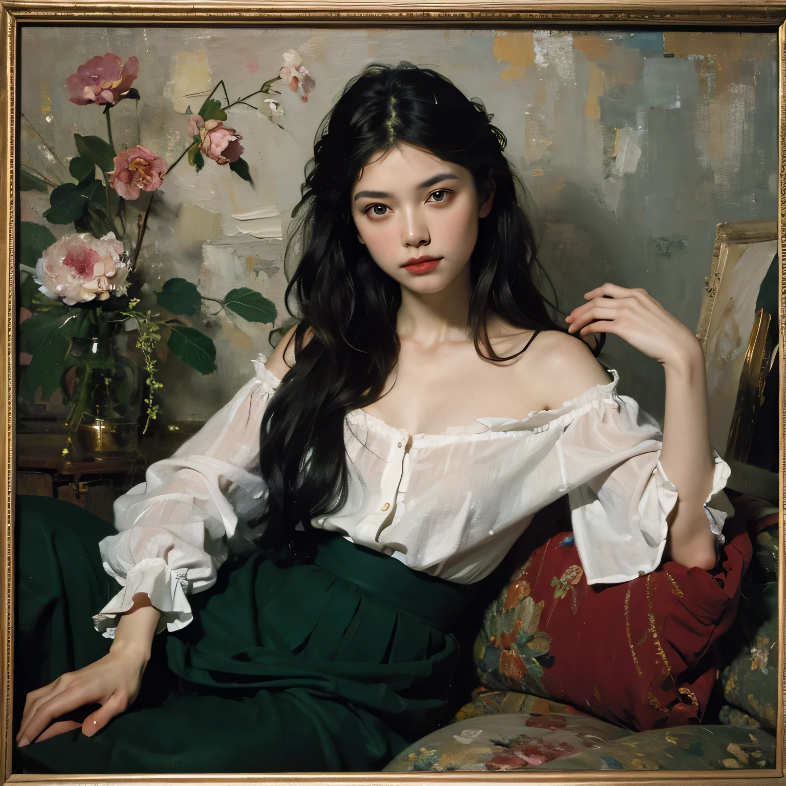 (oil painting:1.5), \\ a woman with (long curtly hair ), ((green eyes)) is lie on the ground, peony, (amy sol:0.248), , with skirt, (stanley artgerm lau:0.106), (a detailed painting:0.353), (gothic art:0.106)
