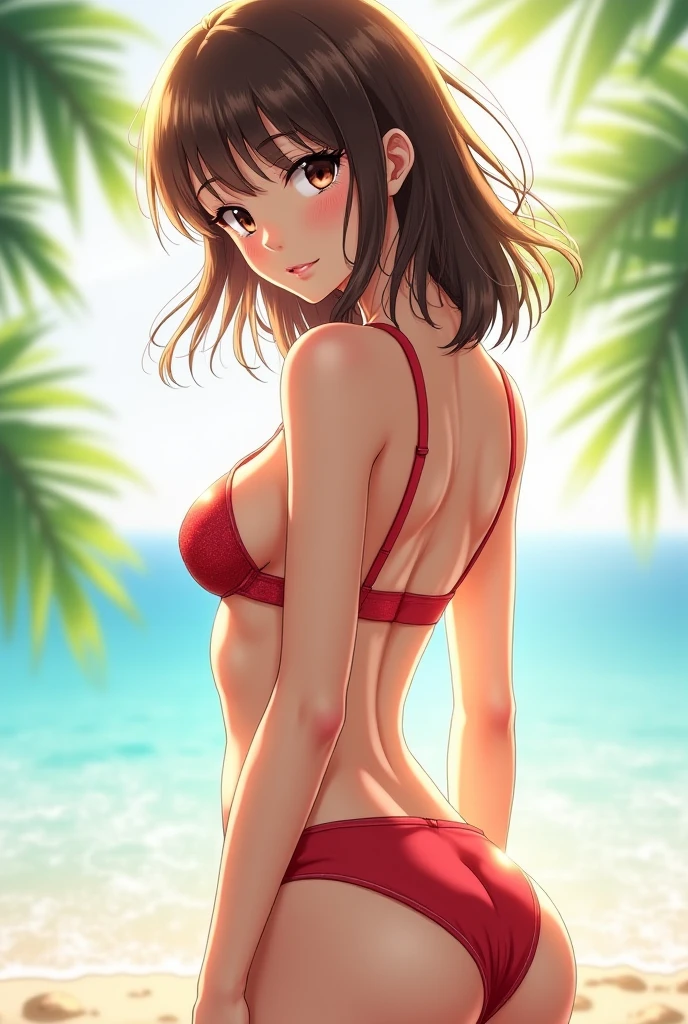 Young ??? girl in two-piece swimsuit stay backwards full body