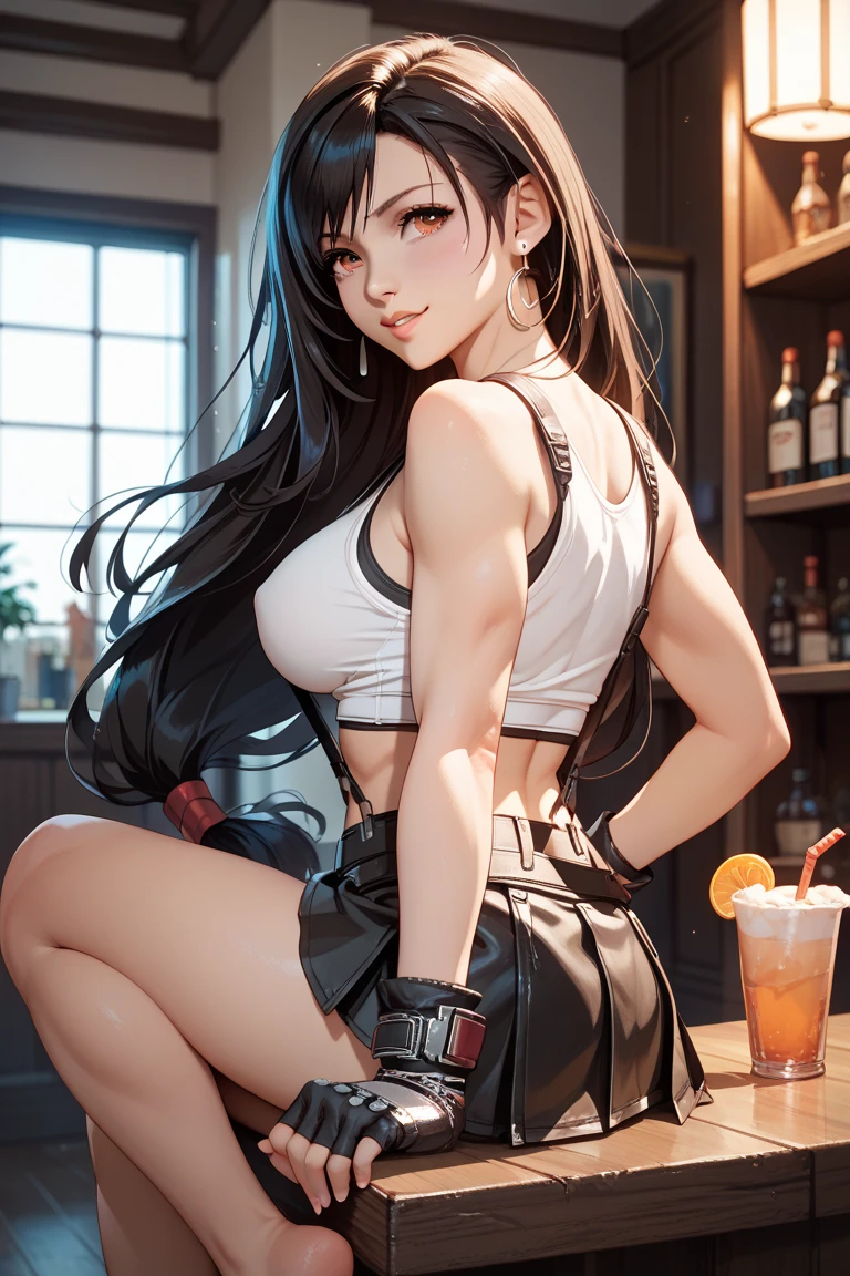 (Highest quality, masterpiece:), Ultra-high resolution, night, at pool bar, Korean Gravure Model, 30-years-old, tight, Wearing a croptop, Rear view:1.3,squat, Spread your legs, High Leg, Huge breasts, Puffy nipples:1.4, skinny, bangs, Long Hair, Light brown hair, Hair Bun, Messy Hair:1.2, Gorgeous Earrings, beauty, Embarrassing, blush:1.3, Mature Woman,