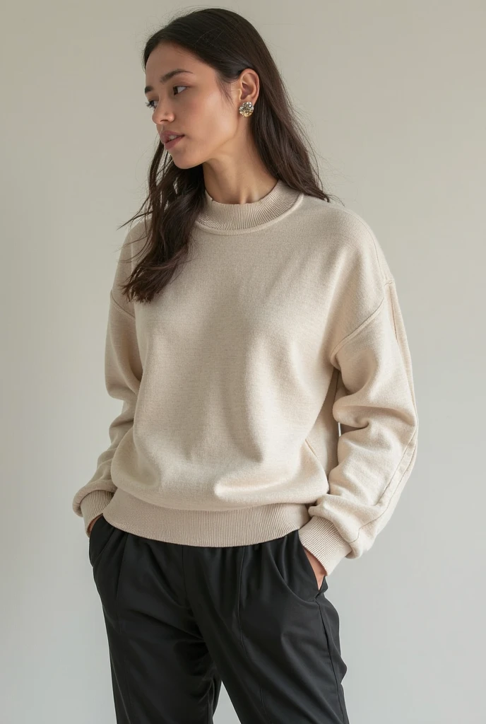 Woman wearing boxer shorts (higher than 3 inches above the knee) and sweater 