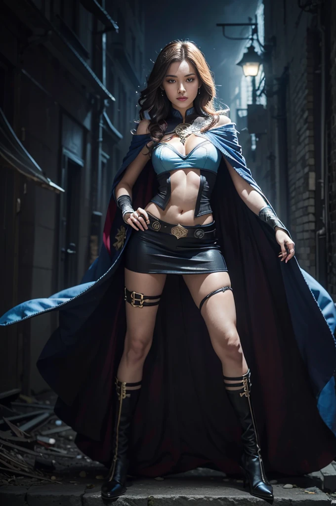 Strong and Cool Woman Doctor Strange Photo Portrait, 8k, Dark clothing, dreamy、Magical Atmosphere, ( Witch Costume , Agamot eyes on chest), (white woman on the side, feminine abs), (Beautiful Blue Eyes, dark hair, white skin, eyeliner, Fake eyelashes,  strong eyes , radiant skin, shiny skin, narrow, professional lighting, Belly button, perfect face, perfect style), (30 years old,  Adult Lady, mystical aura, shading, backlight),  Seen from the front, Cool Beauty, Cowboy Shots, is standing,  looking at the camera with her face down , (Fluttering Red Cloak), realistic eyes, eyes drawn in beautiful detail, ( skin just like a real one), Attractive ultra-high resolution ,  Super Hyperreal , VERY DETAILED,  golden ratio, The background is a street of a ruined building in the evening.