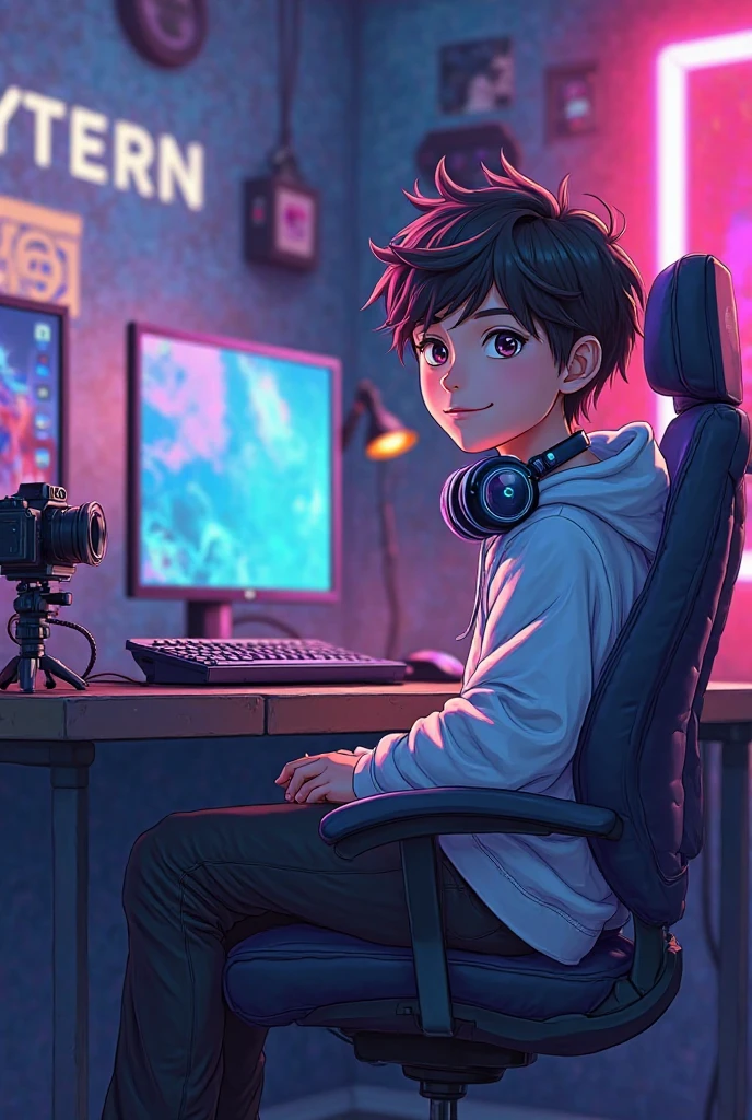 *"A 20-year-old cartoon-style anime boy sitting in a high-tech professional content creator studio. He has short, slightly messy hair and wears stylish headphones around his neck. The room features a sleek desk with a dual-monitor setup, a high-end microphone, RGB lighting illuminating the space, and a camera mounted on a tripod. The background has dynamic lighting with neon accents, creating a cinematic atmosphere. The character is casually seated, focused on his screen, with a creative and confident expression. The art style is vibrant, with clean lines and smooth shading, resembling a modern anime/cartoon aesthetic."*