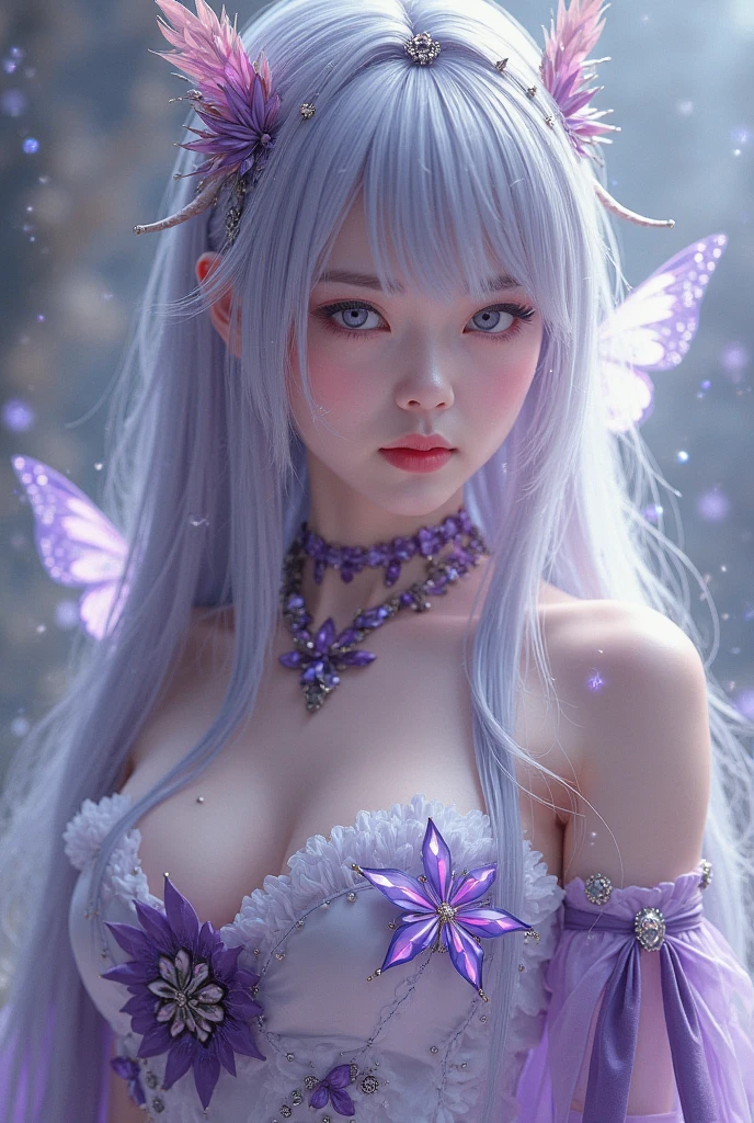 A mystical ethereal fairy with long, flowing silver hair and glowing, lavender-colored eyes, enveloped in a halo of soft pink and multicolored glitter. Her delicate skin shimmers with iridescent hues, transitioning from soft pink to pale blue. Floral patterns and tiny flowers adorn her neck, shoulders, and chest, blending seamlessly into her skin like natural tattoos. She has elongated, pointed ears and a perfect, otherworldly face with a serene expression. Her translucent wings are intricate, laced with soft pink and white gossamer strands, reflecting the ambient light. The background is a magical bokeh of multicolored orbs in soft focus, giving the scene a dreamy, enchanted forest ambiance. Soft, diffused light illuminates her, casting an almost divine glow that accentuates her ethereal beauty. The overall style is hyper-realistic with fantasy elements, using a pastel and jewel-toned color palette to enhance the mystical, fairy-tale atmosphere.