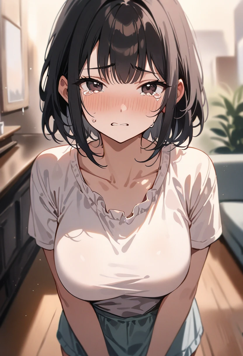 (masterpiece, 2D moe anime:1.3), (best quality:1.2), (very aesthetic:1.2), (absurdres:1.2), (detailed background),newest, solo, (face focus:1.3), (8K, Raw Photography, Top Image Quality: 1.4), gravure, Japan petit little 1girl:1.3, looking up, small Breast:1.2, Super Detail Face, (perfect closed eyes:1.3), Bring Your chest Together, Sharp Focus:1.2, Pretty:1.4, deep colored medium Hair, Top-Quality, Super A High Resolution, Highly Detailed and professional lighting, embarrassed with blush, loose and light white camisole, high beams, cute childish body, natural facial expression, short hair, fatal position
