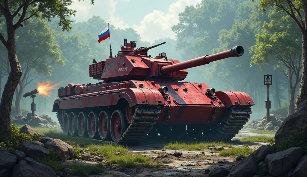 Tanks are abandoned at the battlefield。The tanks are dilapidated and rusty.、Place々Grass is growing on。There are many flowers blooming around the tank.、Quietly watching over and healing those who have finished fighting.。