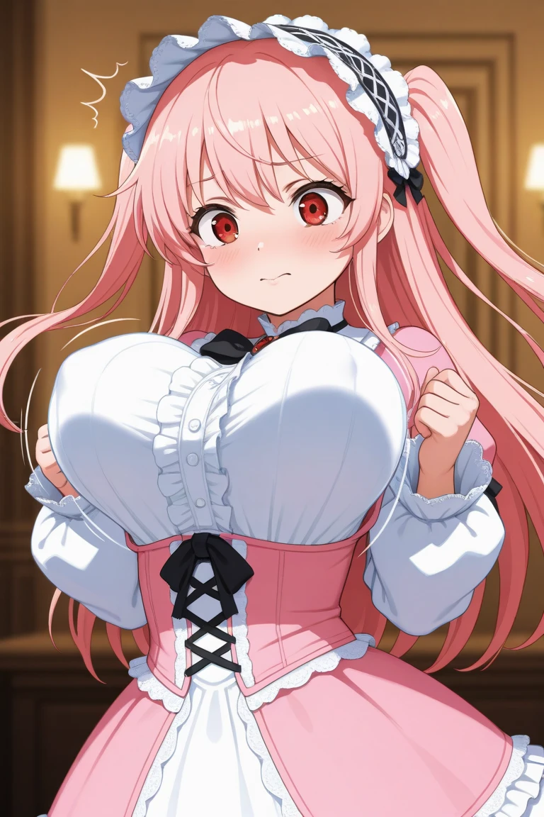 A masterpiece of a mature woman with big breasts, dressed in a pastel pink Japanese maid cafe outfit, with studio lights and beautiful shading, featuring kawaii elements like cow ears and pastel pink spots on ears, cute pastel colors, pastel blue rainbow hair with highlights, decorated with hairclips, ornaments, stars, hearts, and a cowbell. The image should have ultra detailed and best quality, with cinematic lighting and an adorable, decora style with many accessories.