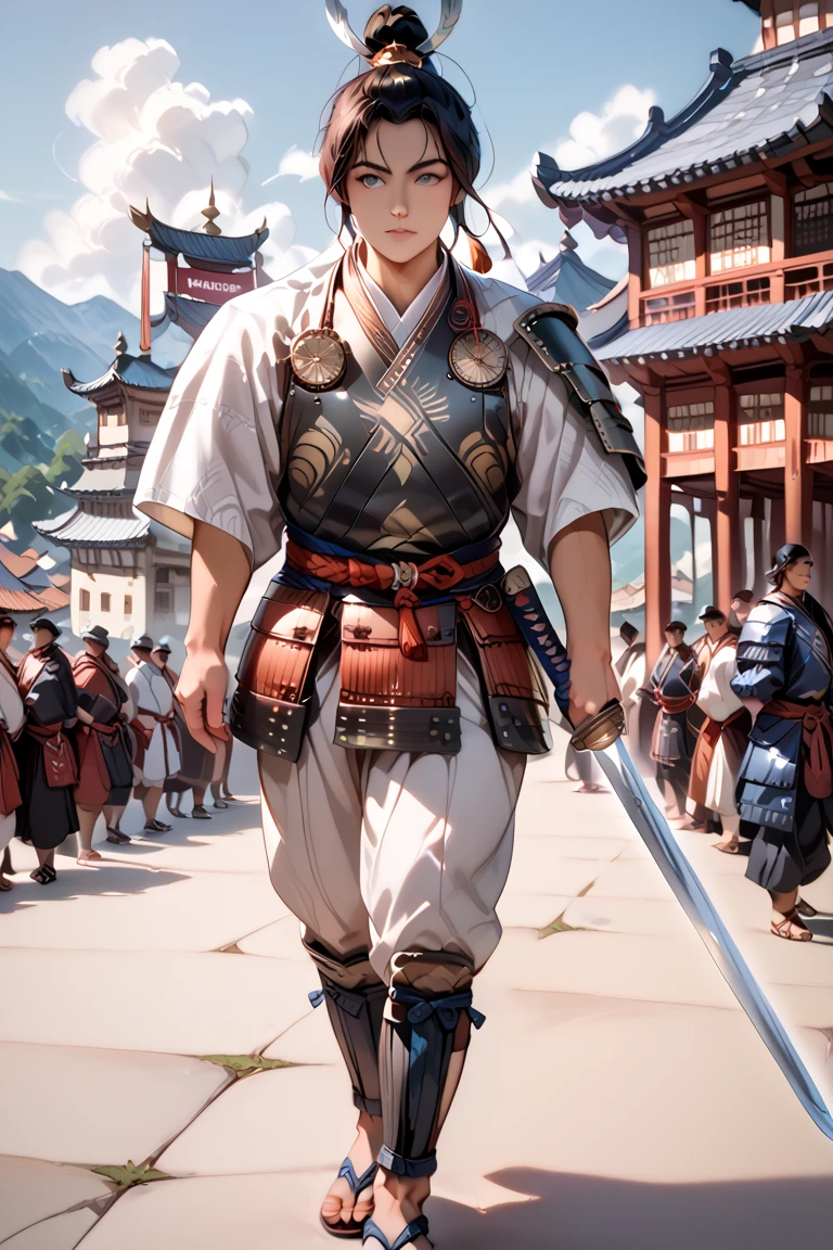 (((masterpiece, top quality, HD, High detail)))), ((((fantasy))), ( human male)))), ((black hair )), ((ponytail)), (((Shining black eyes))), (((1 person))), ((fearless expression)), ((Samurai Armor)), (warrior), ((He holds a samurai sword in his right hand)), (I'm wearing sandals)), ((is standing)), ((full body)), ((Grey Stone Temple)),