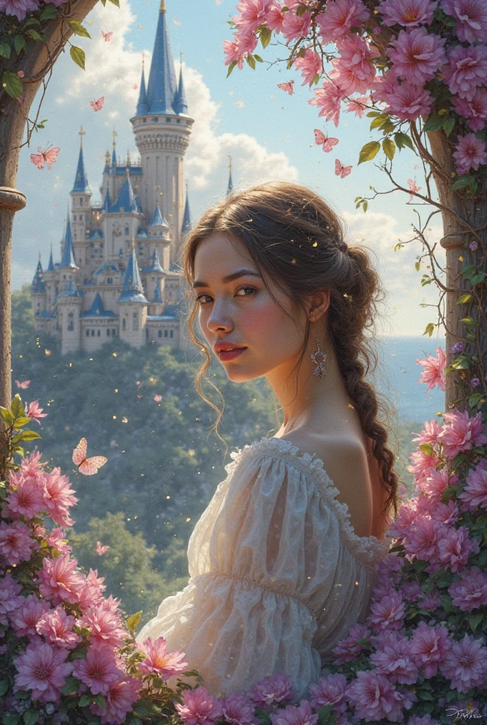 Background portrait with pink and purple castle with flowers on top and butterflies on bottom