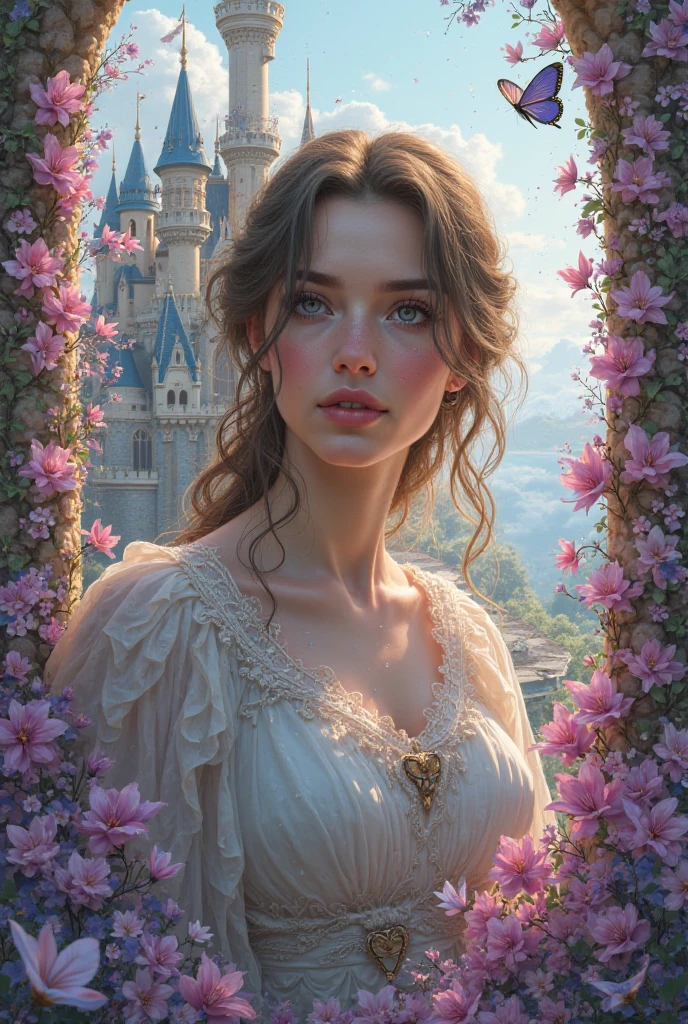 Background portrait with pink and purple castle with flowers on top and butterflies on bottom