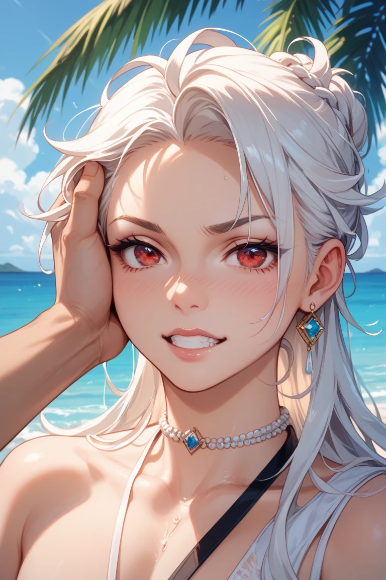 beautiful sexy milf woman having sun bath on beach, early 30s, long hair, strapless white micro bikini, pacific sunset, makeup , lipstick , magenta eyes, perfect face, jawline , earrings ,blush ,oily body, smooth skin,summer hat,hair bun ,