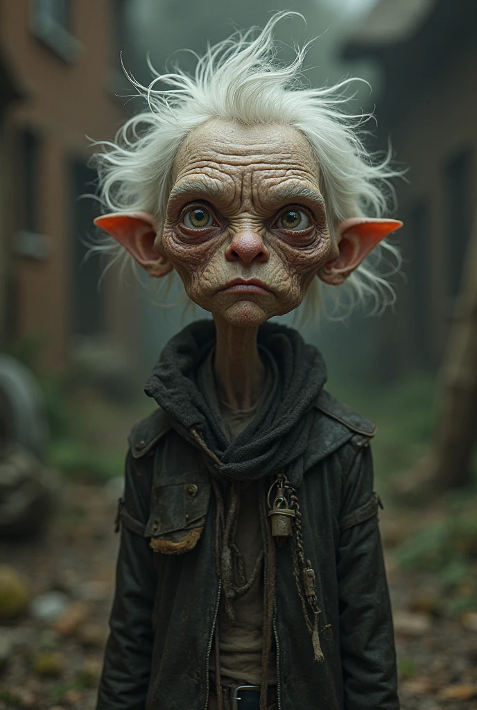 Create a surreal and psychologically unsettling creature that instills fear not because it is terrifying, but due to its uncanny appearance. The creature has the body of a toddler but with the head of a very old man. The head should be unnervingly realistic, with vibrant, iridescent hair and piercing eyes that seem to watch with an almost sentient awareness. The body should be slightly distorted in a way that feels unnatural, adding to the discomfort. The setting is an eerie, dimly lit forest where the creature is blending into the shadows, creating an unsettling atmosphere that plays on the viewer's mind