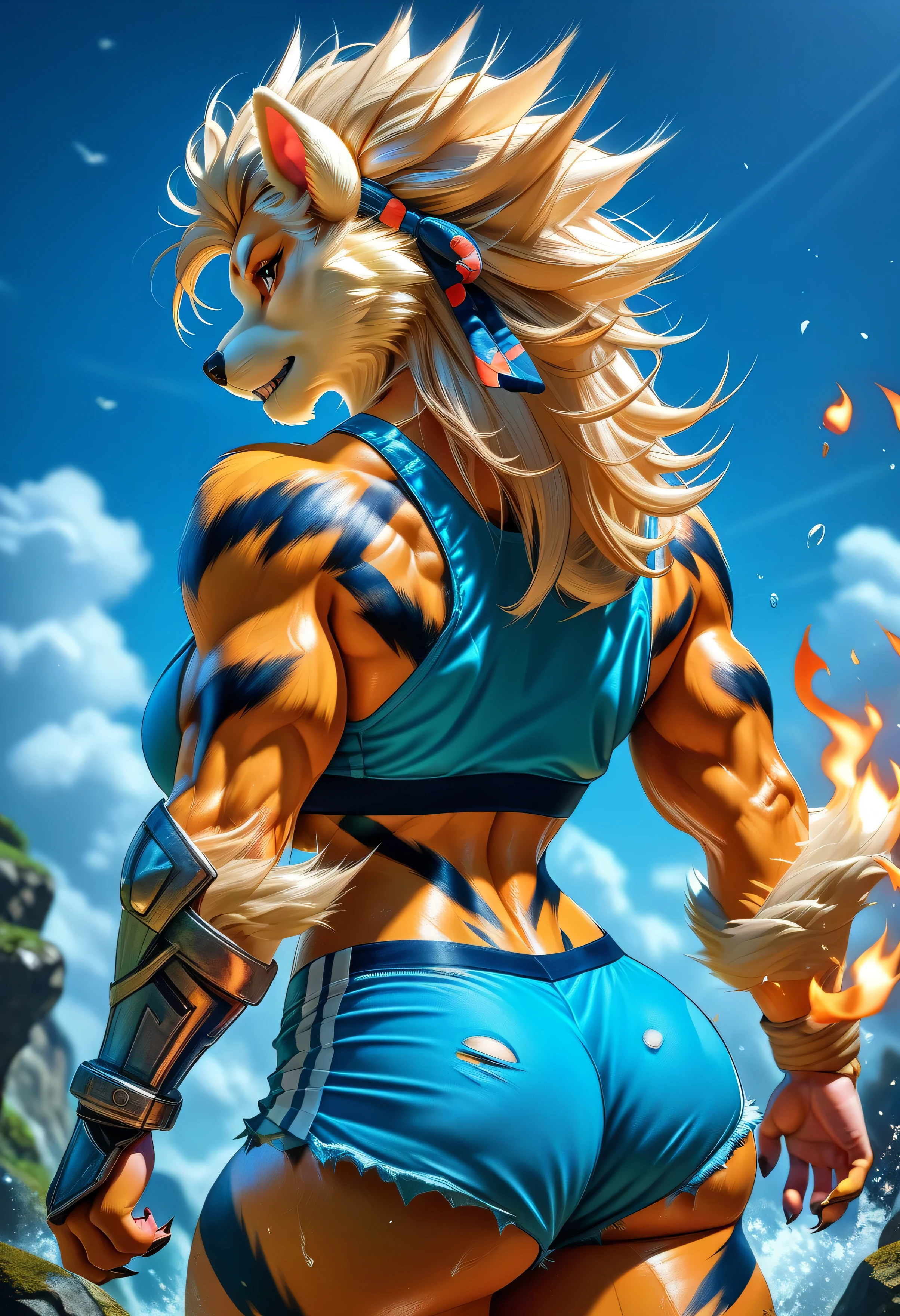 Anthro furry Arcanine, adult female, hyper giga muscular build — massive biceps, broad shoulders, thick thighs, ripped six-pack abs, and sharp claws. Long fiery mane flows behind her, fierce yet beautiful, with wild orange-and-black striped fur. Semi-realistic, Sakimichan-inspired art style with ultra-detailed anatomy and fur texture. Minimalist sports bra, flame-themed bikini, or tattered shorts — highlighting her powerful muscular physique. Occasional armored gauntlets or accessories. doing one-arm pushups on a rocky peak at dawn, back and arms bulging, misty air rising around her.