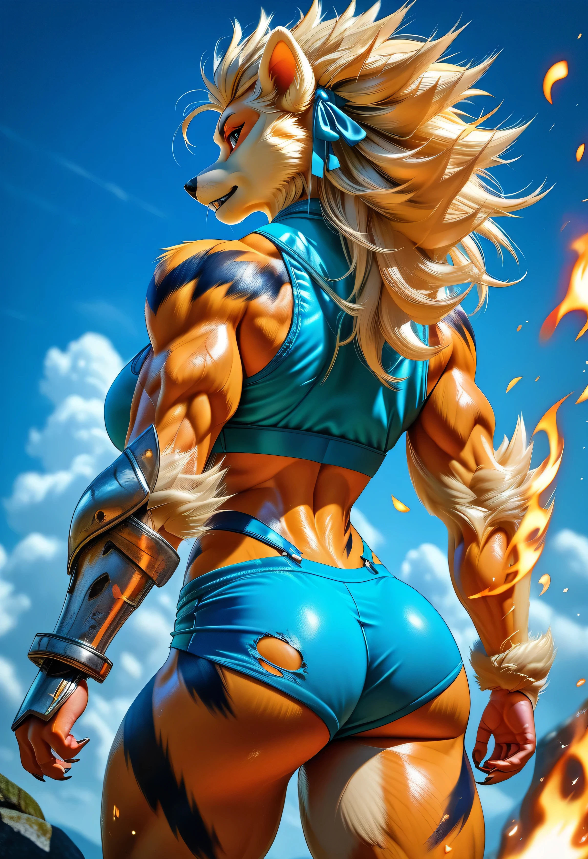 Anthro furry Arcanine, adult female, hyper giga muscular build — massive biceps, broad shoulders, thick thighs, ripped six-pack abs, and sharp claws. Long fiery mane flows behind her, fierce yet beautiful, with wild orange-and-black striped fur. Semi-realistic, Sakimichan-inspired art style with ultra-detailed anatomy and fur texture. Minimalist sports bra, flame-themed bikini, or tattered shorts — highlighting her powerful muscular physique. Occasional armored gauntlets or accessories. doing one-arm pushups on a rocky peak at dawn, back and arms bulging, misty air rising around her.