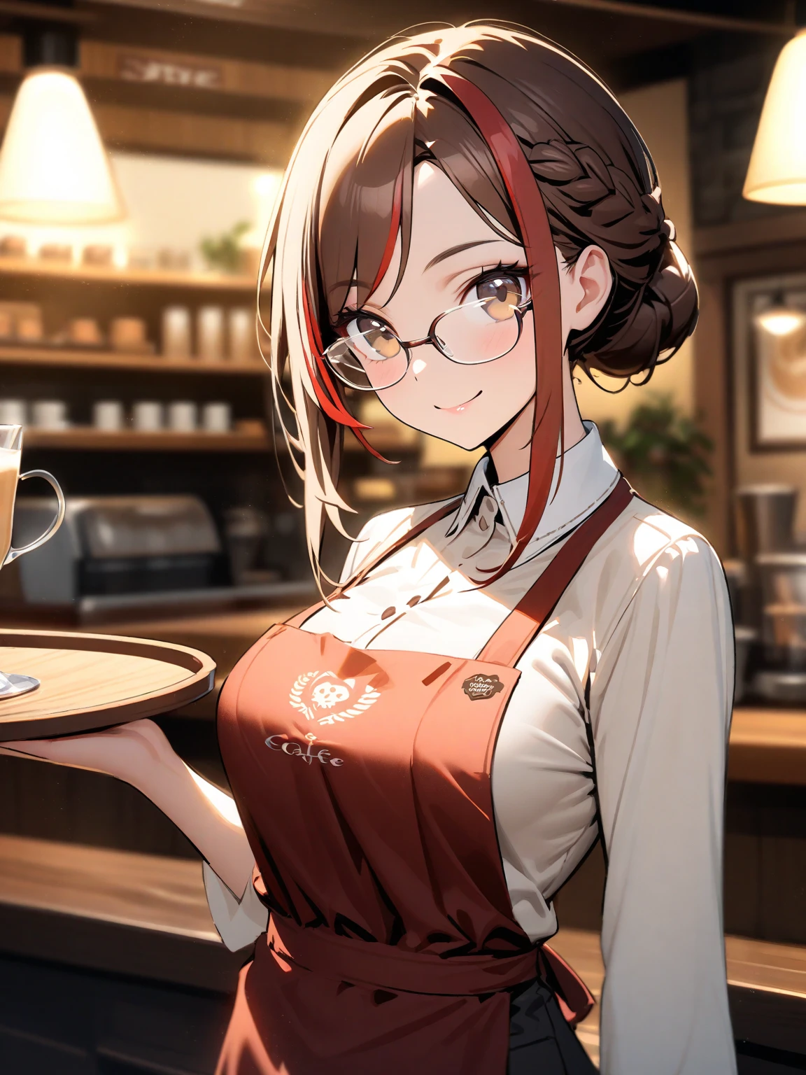 light yellow theme, 1lady, red brown hair, (dark yellow streaked hair:1.1), French braid, parted bangs, dark brown eye, rimless glasses, bright white highlights on glasses, light brown blouse, whitelogo print dark red apron, dark brown pants, beautiful breasts, Confident pose, Holding a wooden tray, smile, cafe, (朝日:1.1), upper body, look at viewer, blurry background, lensflare, lensghost, natural lighting, subtle highlights and shadows