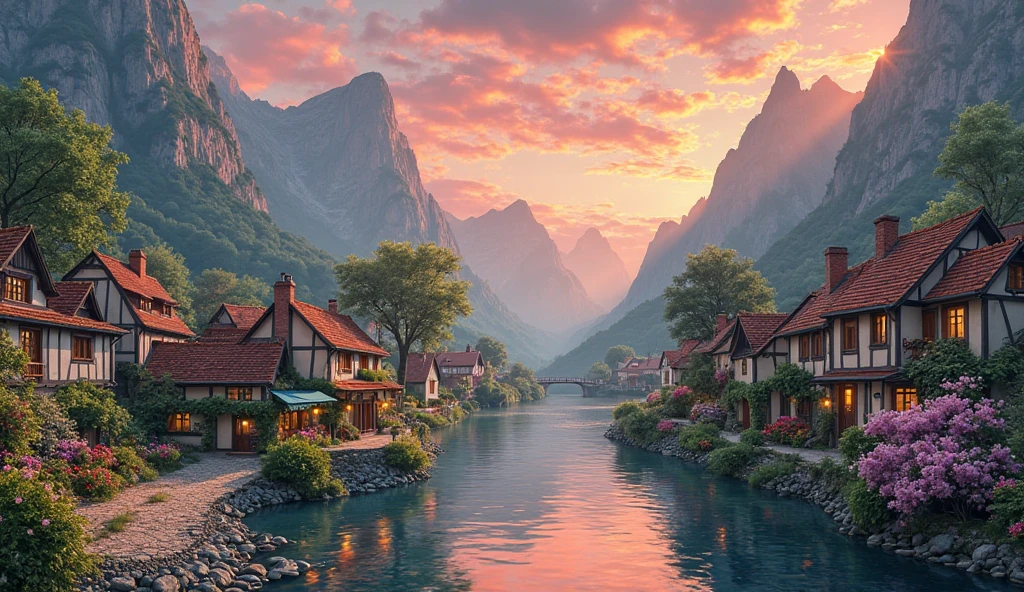 A small village by the river, mountains in the background, colorful flowers, detailed landscape style, beautiful natural scenery, atmospheric lighting,  scorching sunset ,  warm colors, practical, photographic, detailed foliage, complex buildings , cobblestone street, charming country house, vibrant colors, lush vegetation, reflections in the water, pitoresco, idyllic, work of art, Best Quality, 8k, extremely detailed, anime style