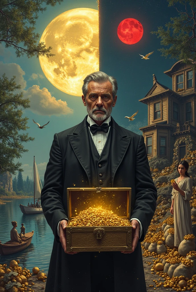 A surreal, highly detailed digital painting divided into two contrasting halves, day and night. In the center stands a middle-aged man in his late 30s, wearing a black 19th-century suit, holding a golden ????? filled with treasure. His face is split between gold and shadow, symbolizing inner conflict and guilt. Behind him, two different worlds:

On the left side, under a glowing full moon, a calm, serene woman stands near an old wooden house, surrounded by trees and a small sailing boat by the river. The atmosphere is peaceful and dreamlike.

On the right side, under a red glowing crescent moon, stands a fancier house surrounded by piles of treasure and gold, some stained with blood.
Money bags, ancient statues, birds, and symbolic objects float around the scene, suggesting wealth, regret, duality, and the cost of ambition. The style is cinematic, hyper-detailed, with dramatic lighting, golden-red tones on the right, and cold blue on the left. The image should evoke emotion, tension, and mystery.