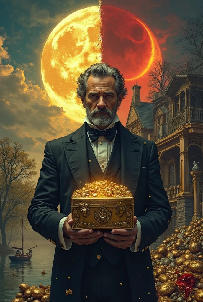 A surreal, highly detailed digital painting divided into two contrasting halves, day and night. In the center stands a middle-aged man in his late 30s, wearing a black 19th-century suit, holding a golden chest filled with treasure. His face is split between gold and shadow, symbolizing inner conflict and guilt. Behind him, two different worlds:

On the left side, under a glowing full moon, a calm, serene woman stands near an old wooden house, surrounded by trees and a small sailing boat by the river. The atmosphere is peaceful and dreamlike.

On the right side, under a red glowing crescent moon, stands a fancier house surrounded by piles of treasure and gold, some stained with blood.
Money bags, ancient statues, birds, and symbolic objects float around the scene, suggesting wealth, regret, duality, and the cost of ambition. The style is cinematic, hyper-detailed, with dramatic lighting, golden-red tones on the right, and cold blue on the left. The image should evoke emotion, tension, and mystery.