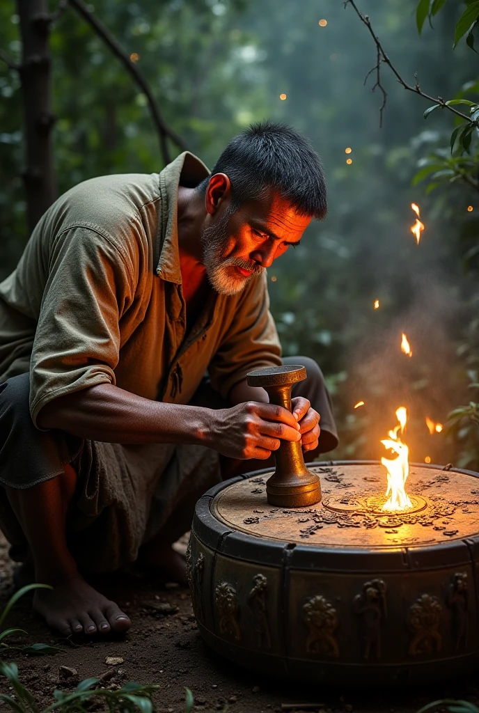 Depict an ancient Vietnamese artisan from the Đông Sơn era, before the Common Era. He wears a slightly torn, weathered garment made from bark cloth or coarse linen, stained with soot and earth. His face is aged and deeply lined, with a broad forehead, low nose bridge, high cheekbones, and tanned skin; his short hair is speckled with gray — typical features of ancient Southeast Asian people. In his strong, weathered hands, he firmly grips a large, primitive bronze axe. Beneath the smoky glow of a fire pit, he diligently carves sacred patterns onto the glowing surface of a heavy Đông Sơn drum: soaring Lạc birds, rowing warriors, and festival dancers. The humid jungle closes tightly around him, dense and wild, while the fire casts flickering, solemn shadows. The air smells of burning wood and molten metal, preserving the spirit of an ancient, resilient people forging their history from earth and fire