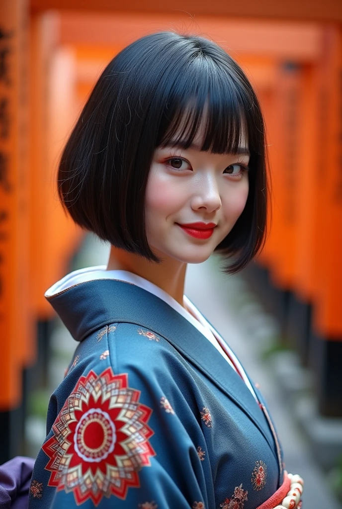 (top quality,4K,8k,high resolution,masterpiece:1.2),very detailed,(realistic,photorealistic,photo-realistic:1.37),Maiko,(full body)、Textured Straight Ultra Short Bob Haircut、、 small 、frosty gaze with a happy face、perfect 、depth of field、blue kimono with mandala、Kyoto、Thousand Torii Gates、colorful、Black and White