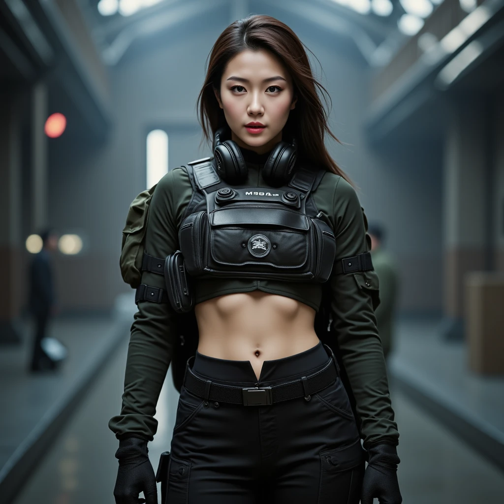 
a woman in a white outfit holding a rifle and wearing headphones, 24-year-old woman, Korean woman, soldier girl, military girl, beautiful female soldier, female lead character, Women in crop top military bulletproof vest, cropped tactical long slevee body suit, low rise cargo pants, showing navel, exposed abdomen area, wearing tactical gear, dressed in tactical armor, dress properly