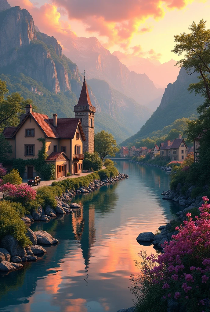 a small village by the river, mountains in the background, floral flowers colorful, detailed landscape, Beautiful natural landscapes, atmospheric lighting, scorching sunset, warm colours, practical, photopractical, Detailed Foliage, complex buildings, cobblestone street, Charming country house, swirly vibrant colors, lush vegetation, Still water reflections, Picturesque, idyllic, work of art, best qualityer, 8k, extremely detaild,anime styling