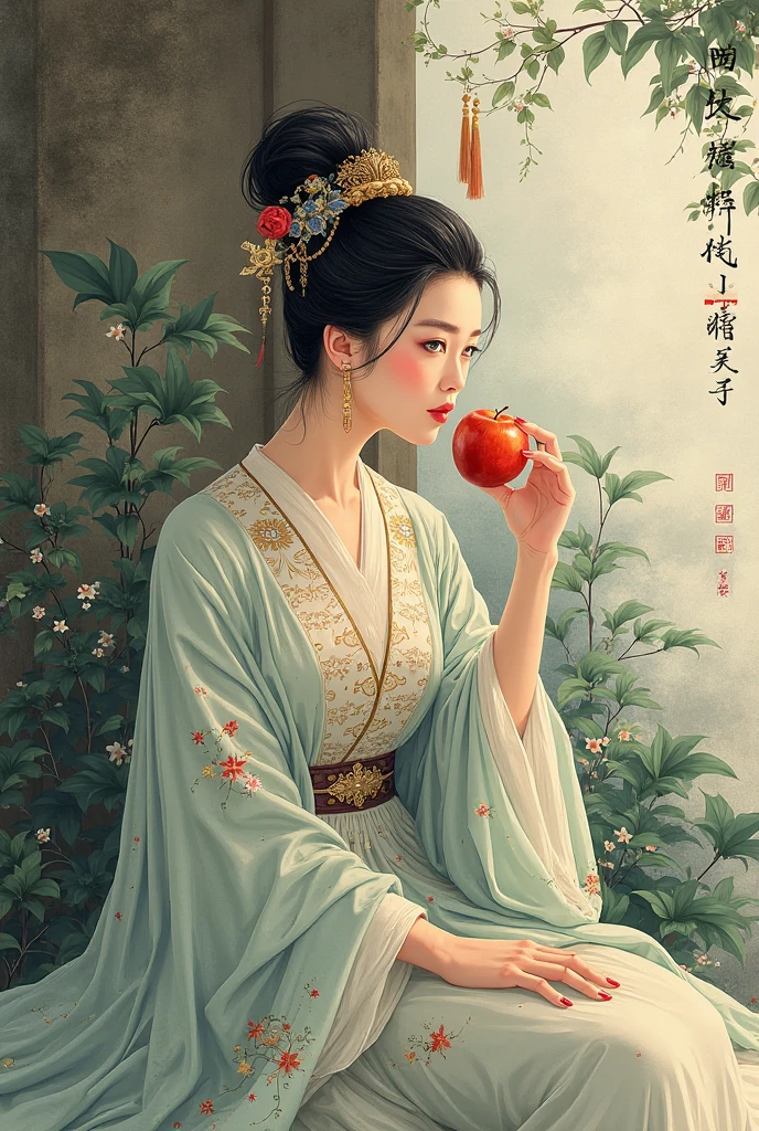  Chinese style，ink painting style，中国ink painting style格，Woman in costume eating an apple，Exquisite graphics，ink wash ancient interior background，green plants