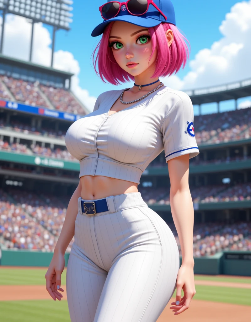 Elfa de cabelos roxos preso em um rabo de cavalo e olhos roxos, camisa de beisebol grande listrada branca com rosa e com decote aberto, pink cap, peituda, Wearing dark blue thong panties holding the baseball in hand one eye open the other closed with mouth open big smile visible tongue and is crouched with knee on the floor Baseball field scenery at night well lit enough background flare front photo showing whole body NSFW very sexy body