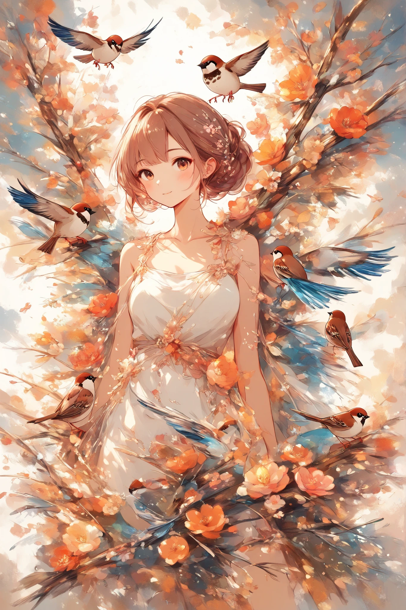 (masterpiece:1.2),top quality、Extremely Breathtaking Artwork、( absurd:1.2),beautiful details、best image quality、thin line art、watercolor style、Sparrow and girl、Fufufu's Winter Sparrow、Cute birds 、Sunbasking Sparrow、Fufufu's Winter Sparrow has volume