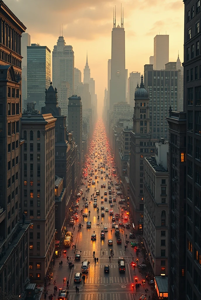 uma imagem aérea antiga de Chicago,ano 1800,detailed aerial view,cityscape,old city,1800s,antique,vintage,historical,buildings,architecture,skyscrapers,streets,vehicles,people,realistic,cinematic,dramatic lighting,4k,detailed,cinematic,professional photography,masterpiece,vivid,stunning,dramatic