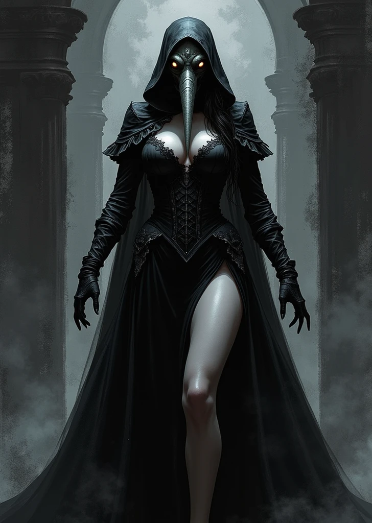An ultra hot gorgeous European woman, age 23, long blonde detailed curly hair, full body shot, athletic build, hourglass figure, Queen of Death, black robes, sexy black outfit, grim reaper, exterior graveyard, surrounded by ones and skulls, black hood, hooded figure, make it look like a fantasy novel where she is the queen of death ruling over her subjects with a serious manner, gorgeous woman, woman, creepy but attractive, unnatural aura, sexy monsters, getting fucked by the grim reaper, with the grim reaper. Dramatic cinematic lighting m, horror movie scene, backlight. ((Full moon night))