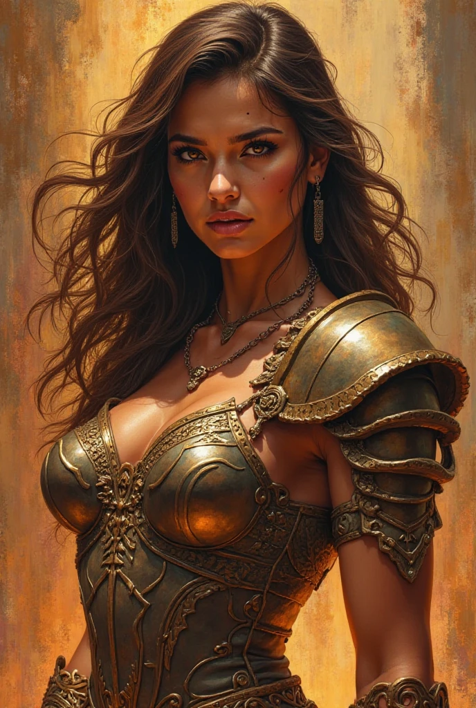 A fierce, regal portrait of a Latina-coded warrior princess. She has chestnut brown hair flowing around her shoulders, mocha-toned, muscle toned skin, and intense brown eyes that burn with determination. Her expression is proud and defiant, her posture strong. She wears elegant, earthy-toned royal armor with subtle engravings of vines and flames. A faint scar on her cheek hints at past battles. The background is abstract, with warm tones of amber and rust, evoking fire and earth. Painterly, realistic style with dramatic lighting and rich textures.