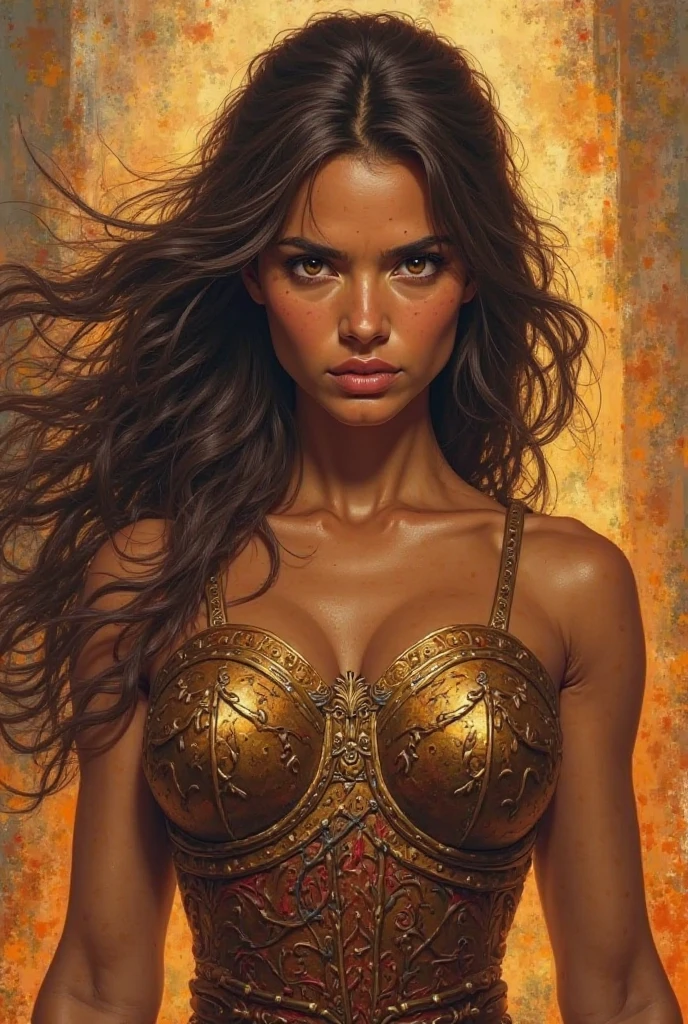 A fierce, regal portrait of a Latina-coded warrior princess. She has chestnut brown hair flowing around her shoulders, mocha-toned, muscle toned skin, and intense brown eyes that burn with determination. Her expression is proud and defiant, her posture strong. She wears elegant, earthy-toned royal armor with subtle engravings of vines and flames. A faint scar on her cheek hints at past battles. The background is abstract, with warm tones of amber and rust, evoking fire and earth. Painterly, realistic style with dramatic lighting and rich textures.
