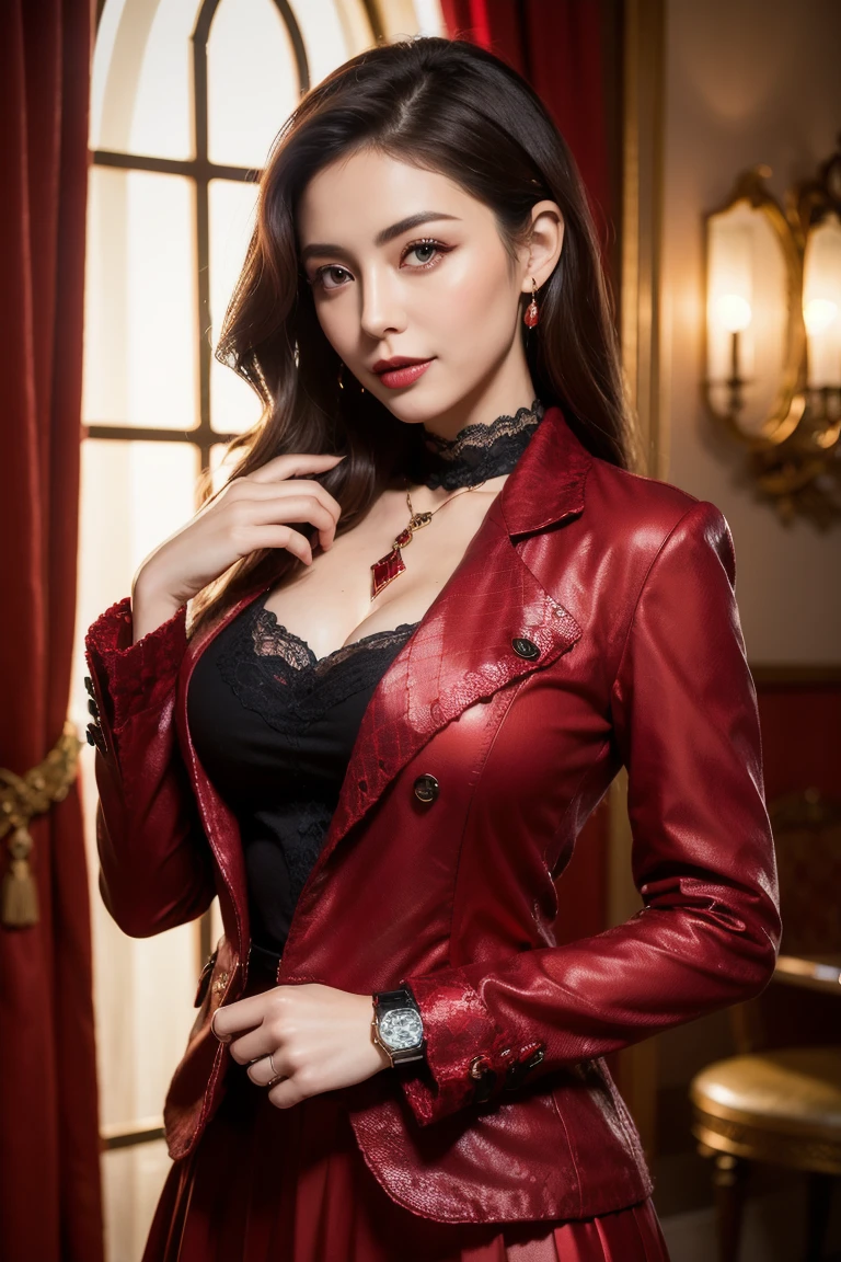 portrait of short colored hair Indonesian woman, curvy muscular, seductive face, wearing Velvet blazer, hoops earing, corset, cross necklace. she poses seductively on the city street. HDR, 4K, High saturation