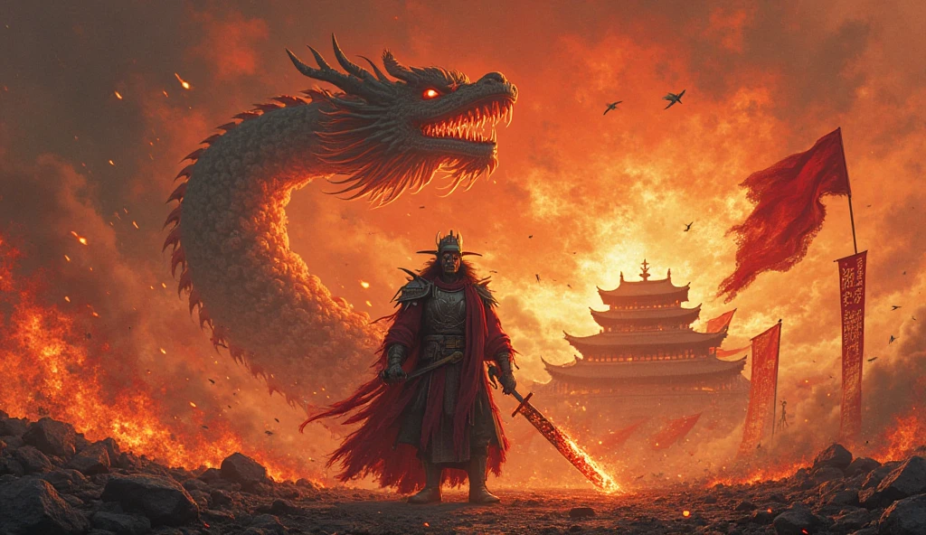 A powerful and dramatic scene set in ancient China during a fiery rebellion. A masked warrior in black and crimson armor stands on a scorched battlefield, holding a blazing sword and a cracked guqin. Behind them, a massive dragon made of smoke and flame coils above a ruined imperial palace. The sky burns with red and orange hues, filled with ash and falling embers. Broken banners and ancient scrolls flutter in the wind. Include the glowing title text "Dragonblood Rebellion" in molten gold Chinese-style calligraphy, placed prominently at the top or bottom of the image, glowing with flame and edged in smoke, as if forged from fire and fury.

