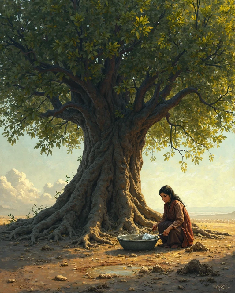 sad woman washing clothes under a pistachio tree, the tree is very large. she drains water under the root of the tree. The picture is realistic. it's getting dark. 