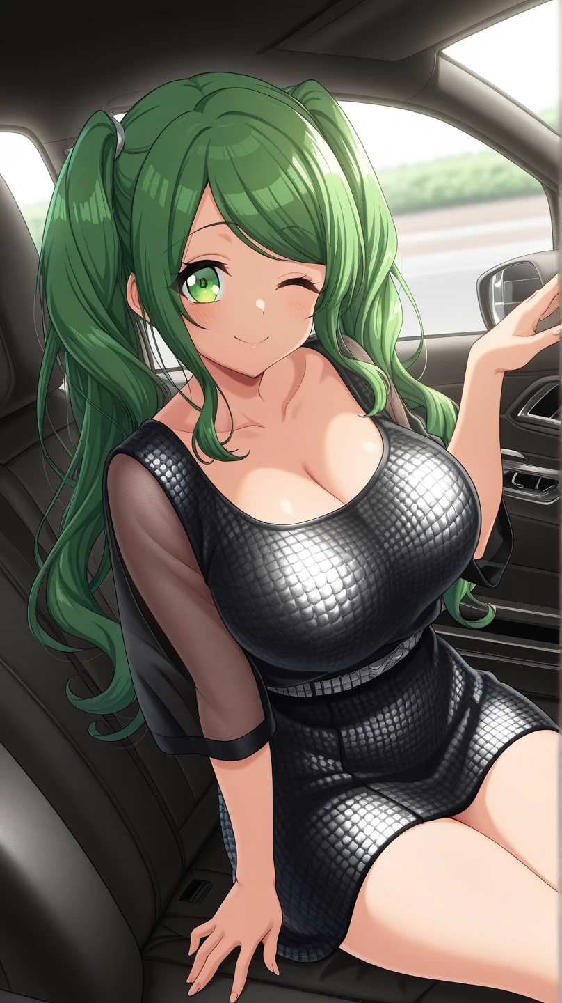1girl, large breasts, breasts, wide hips, green hair, highleg bikini, bikini, black bikini, yellow eyes, smirk, smile, car, futuristic, science-fiction, tech, neon, neon trim, shoes, machinery,