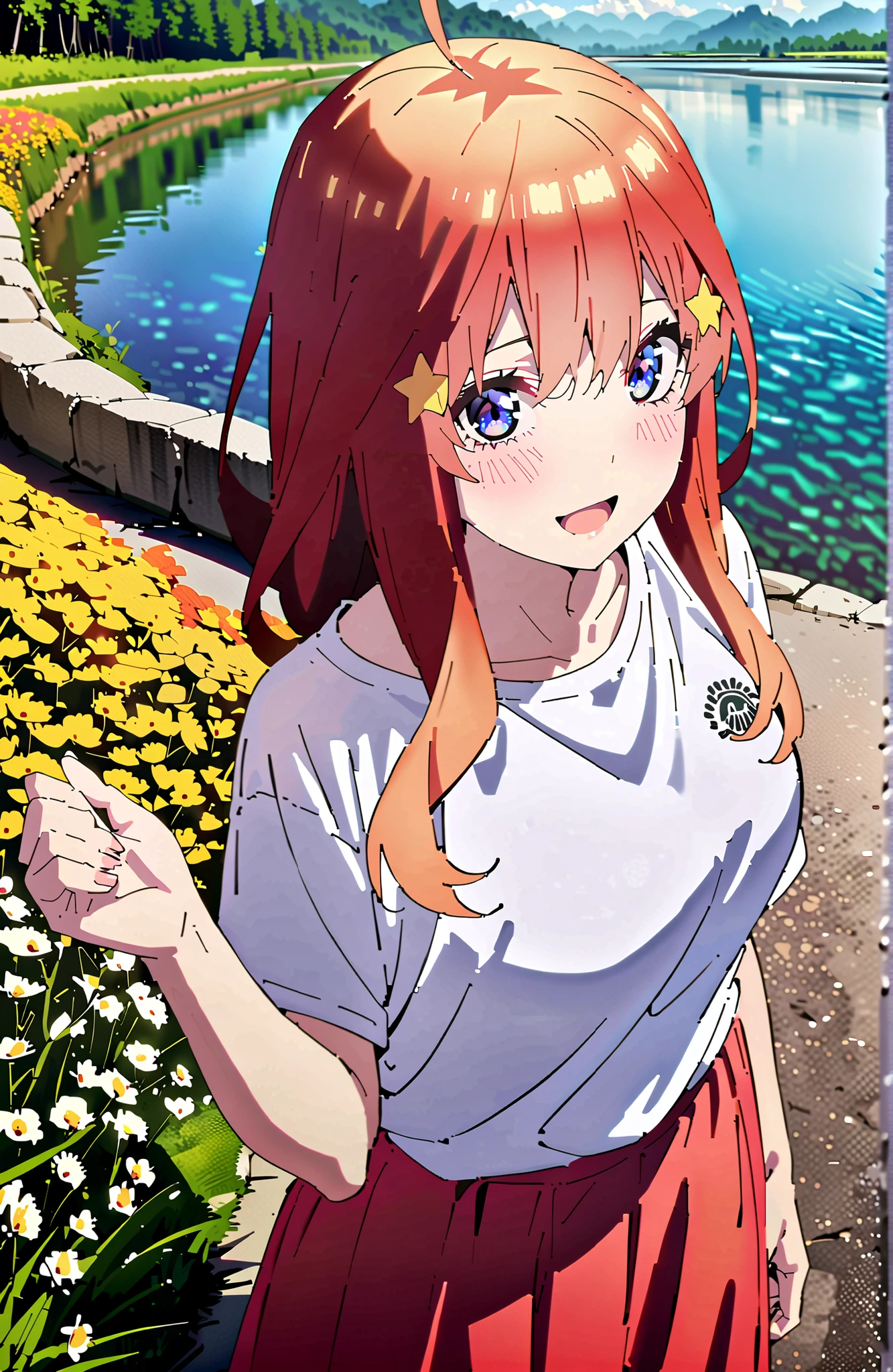 Nakano Mizuki , long hair, blue eyes, Hair Ornament, red hair,star (  symbol ), star Hair Ornament,Big Breasts,smile,blush,open your mouth,white oversized t-shirt, one shoulder, red long skirt,sandals,is standing,Flower Field,river,Mountain,noon,full bodyがイラストに入るように,break looking at viewer,full body,
break outdoors,nature,
break (masterpiece:1.2), best quality, high resolution, Unity 8Kの壁紙, ( illustration :0.8), (beautiful detailed eyes:1.6), very detailed face, perfect lighting, highly detailed CG, (perfect hand, perfect anatomy),