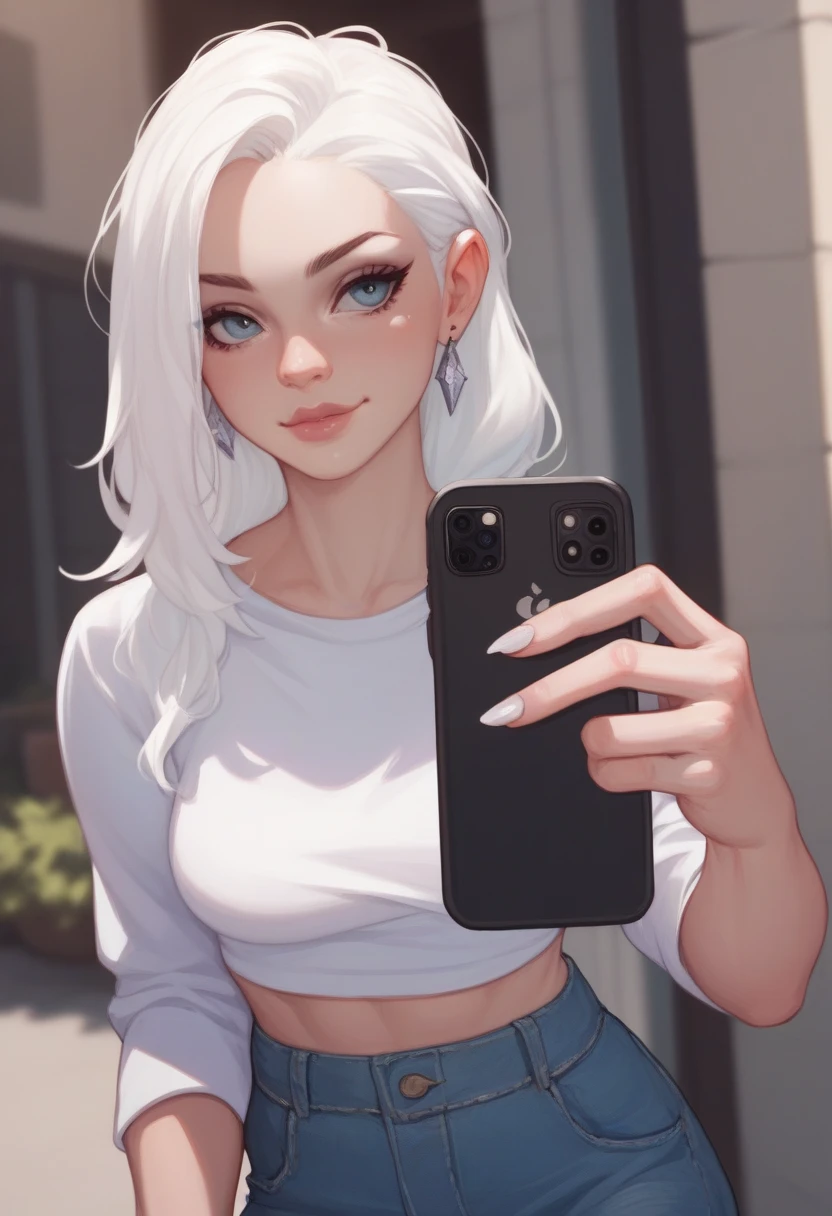 (masterpiece, high quality, best quality:1.1), fantasy style,
woman, eva, (white hair), , (blue-gray eyes), (cleavage), dress,
phonepose, holding cellphone,
extremely detailed, extremely intricate, fine texture, Extremely high-resolution details, detailed hair, sharp focus, vibrant colors, soft lighting,