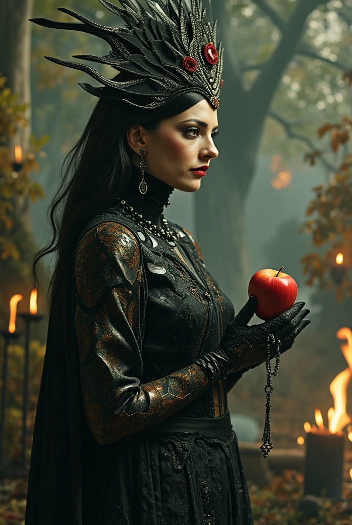 chica,Long black hair，black queen，accessories，apple in hand，witch queen，red lipstick