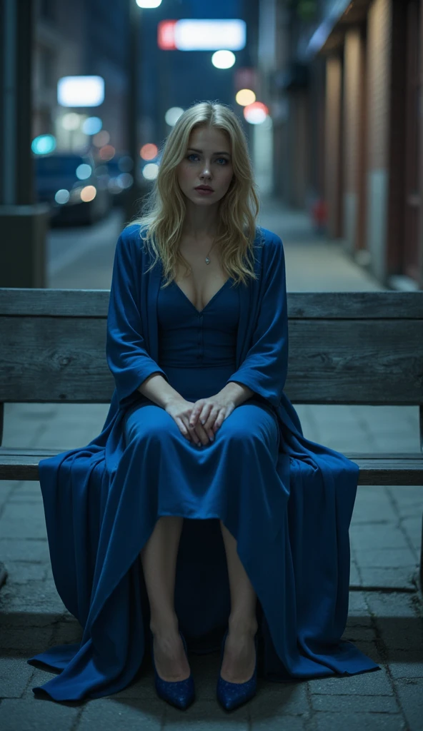  Beautiful blonde hair woman like Elle fanning wearing blue dress and coat crying sitting on the bench on street on street at night hourglass figure blue heels 1d
