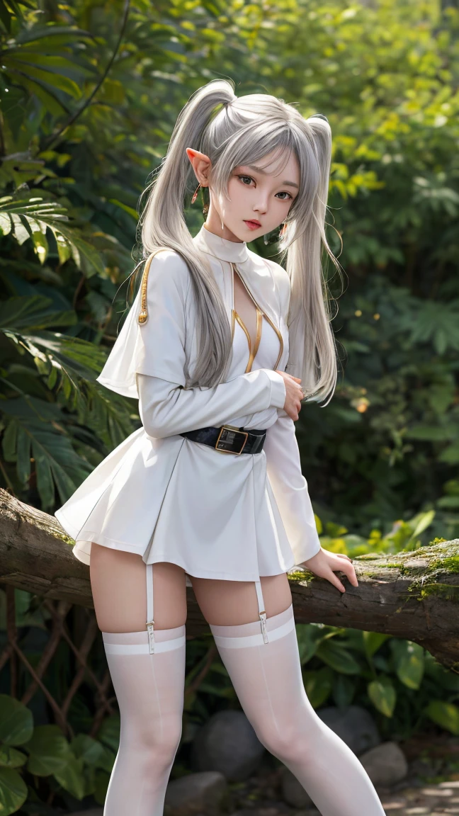 （Extremely normal body：2.0）Japanese-style town：1 Elf beauty，JK ，(Elf long ears)，Short silver-white hair，Half-tied ponytail。Uniform for female high school students)，Short plaid skirt，Stretch your feet，Black short stockings，Black socks, Black socks，Translucent black socks，Jade foot，soles of feet，Normal feet ， very detailed eyes and faces， Sharp pupils， realistic pupil， tack sharp focus， cinmatic lighting，full bodyesbian，Bigboobs，long leges，From the front side，dynamicposes，Normal posture，closeup of face