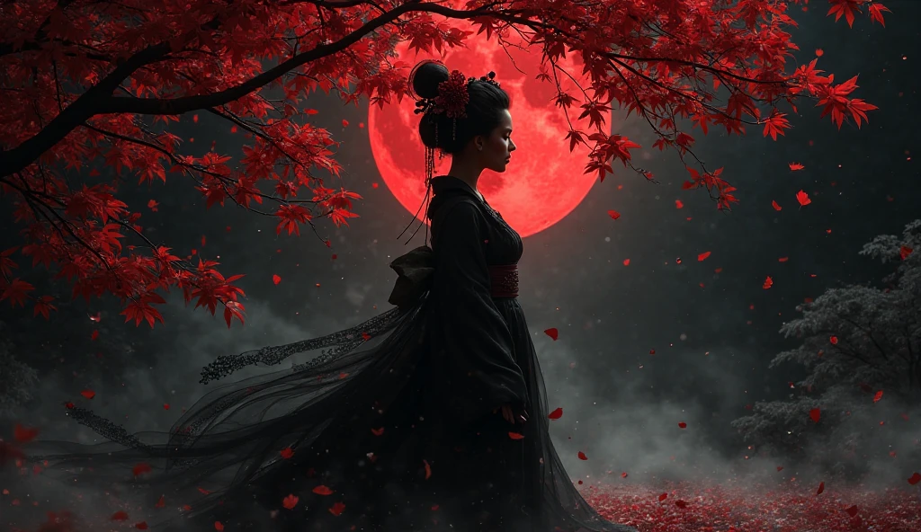 A silhueta negra, escura e elegante, de Oiran emerge da escuridão da noite, com uma beleza sublime de folhas vermelhas vibrantes. O contraste entre a escuridão profunda e as cores vibrantes cria um visual marcante, capturando o olhar e o coração de quem o contempla.
