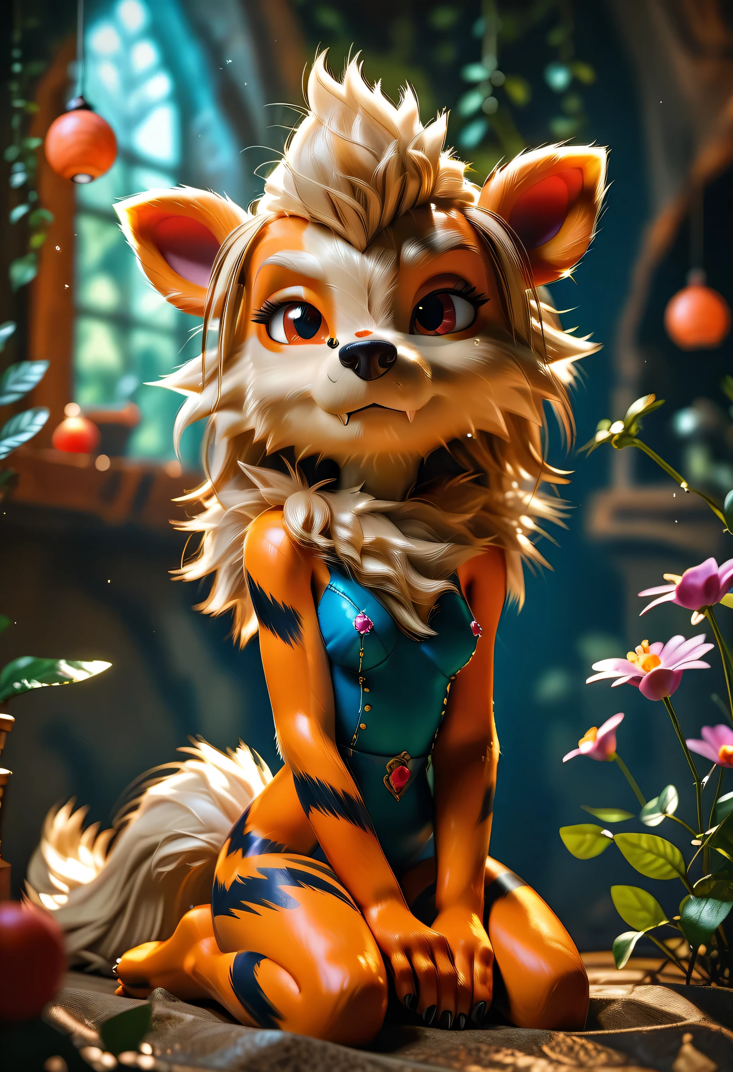 score_9, score_8_up, score_7_up, 1girl, anthro Arcanine, cute, adorable, slim, nude,  kneeling, highly detailed, intricate, zzCitronLegacy, enchanted grotto