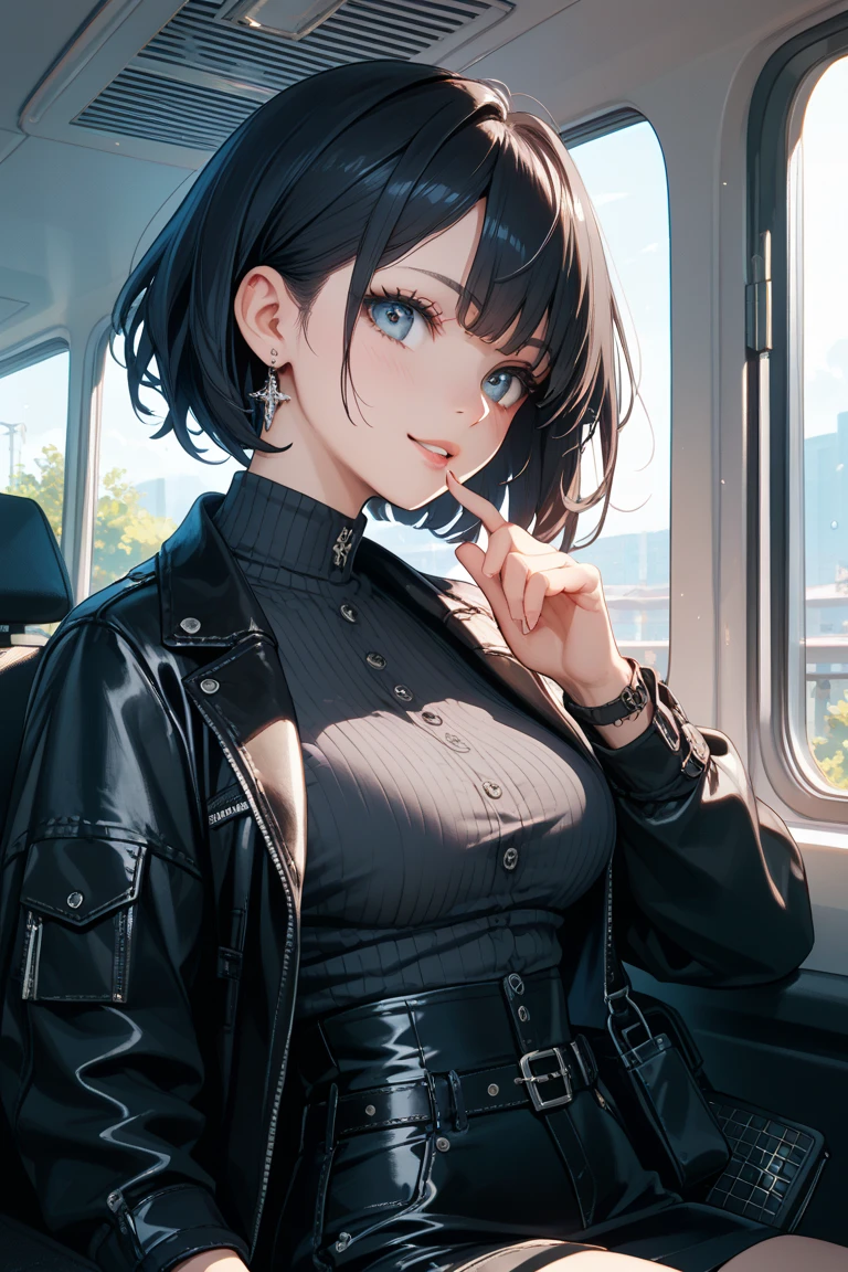 ultra-quality, ultla highres, Hyper Detailed, High contrast, superfine illustration, creative refinement, in car, Smile