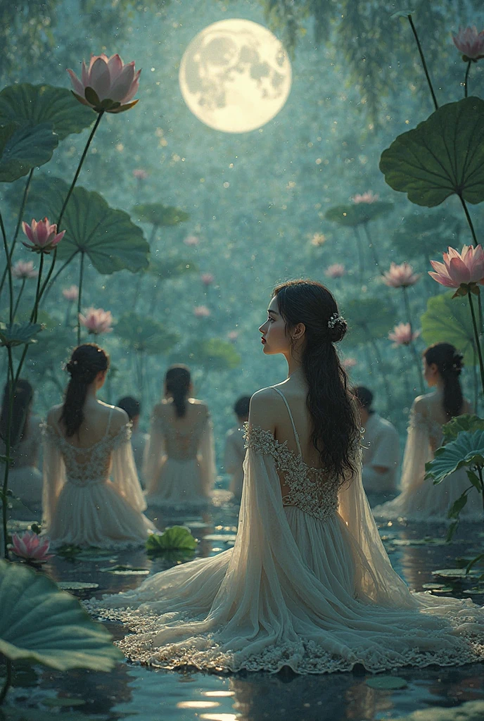 Girl in long dress holding group sitting under lotus pond looking at the moon