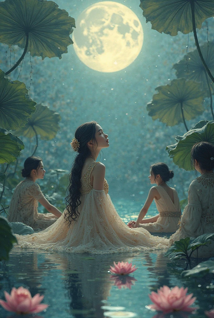 Girl in long dress holding group sitting under lotus pond looking at the moon