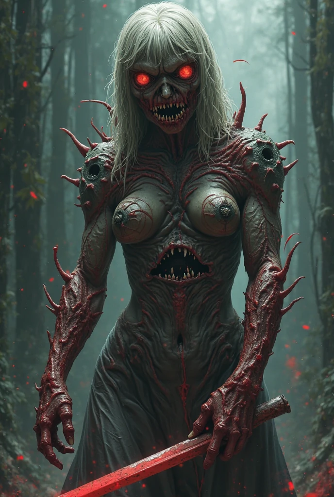 (photorealism:1.2), A photorealistic demon-like being with a sword hand piercing a woman’s stomach, bleeding intensely red.]focus on demon details showing his face, photorealistic is primordial