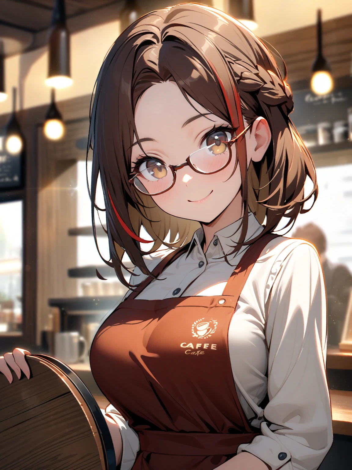 light yellow theme, 1lady, red brown hair, (dark yellow streaked hair:1.1), French braid, parted bangs, dark brown eye, rimless glasses, bright white highlights on glasses, light brown blouse, whitelogo print dark red apron, dark brown pants, beautiful breasts, Confident pose, Holding a wooden tray, smile, cafe, (朝日:1.1), upper body, look at viewer, blurry background, lensflare, lensghost, natural lighting, subtle highlights and shadows